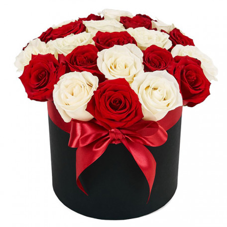 30 rosas rojas y blancas en caja color negro