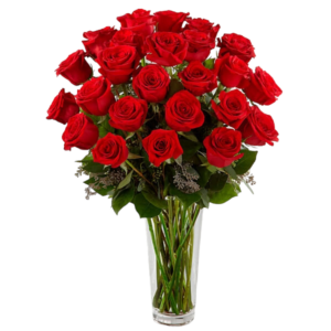 imagen de ramo con 24 rosas rojas con jarrón
