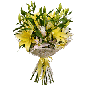 ramo de liliums amarillos con múltiples flores y envoltorio de regalo