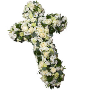 cruz de flores blancas para funerales y tanatorios