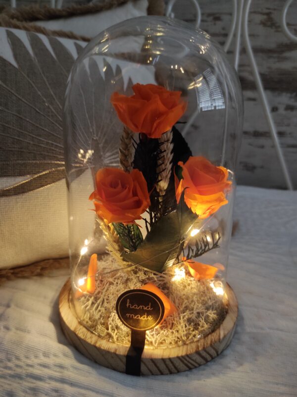 cúpula cristal 3 rosas naranja con led encendida