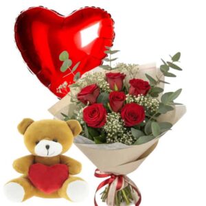 pack San Valentín con 6 rosas rojas. globo y peluche.