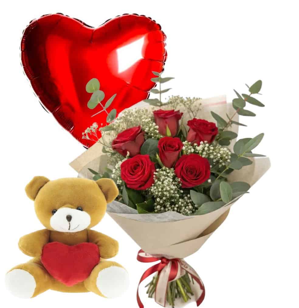 pack San Valentín con 6 rosas rojas. globo y peluche.
