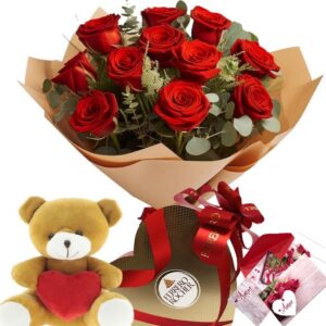 pack 12 rosas rojas con peluche, bombones y tarjeta romántica